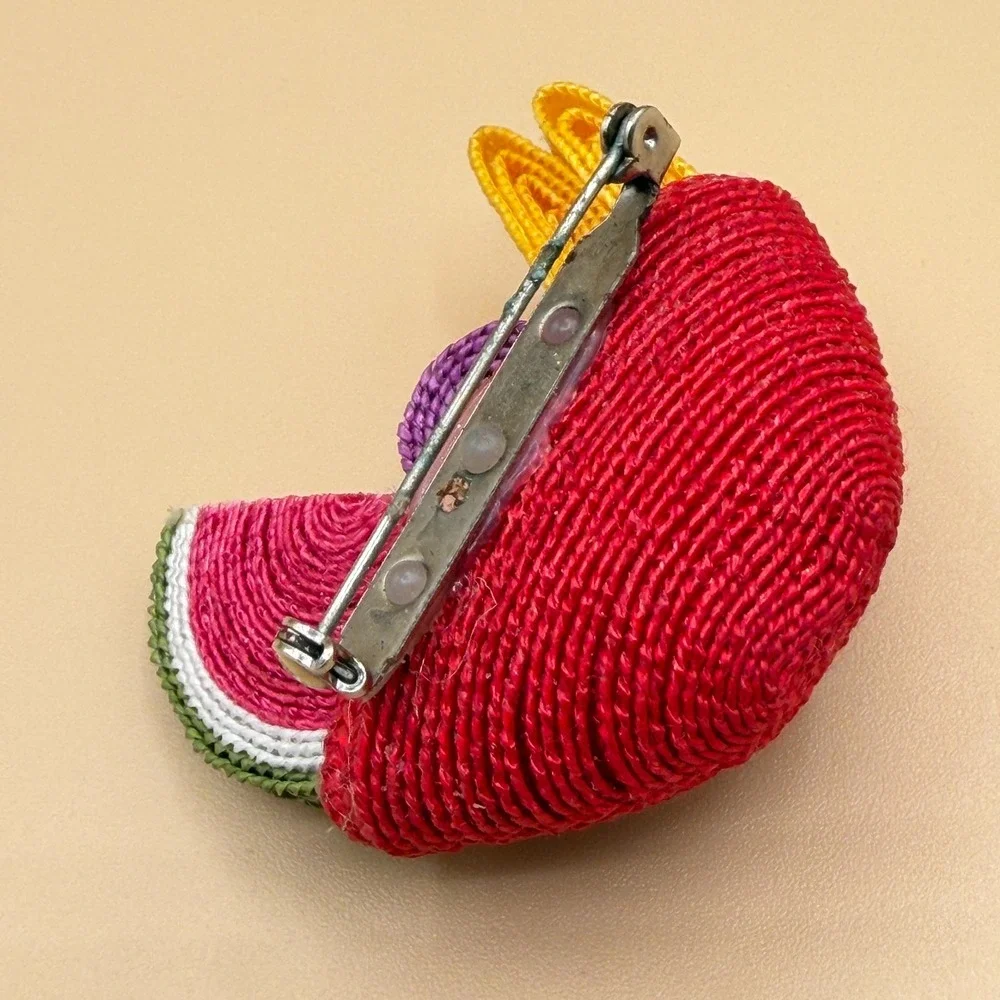 Woven Fruit Basket Brooch Watermelon Vintage Whimsical Boho Statement Pin Gift